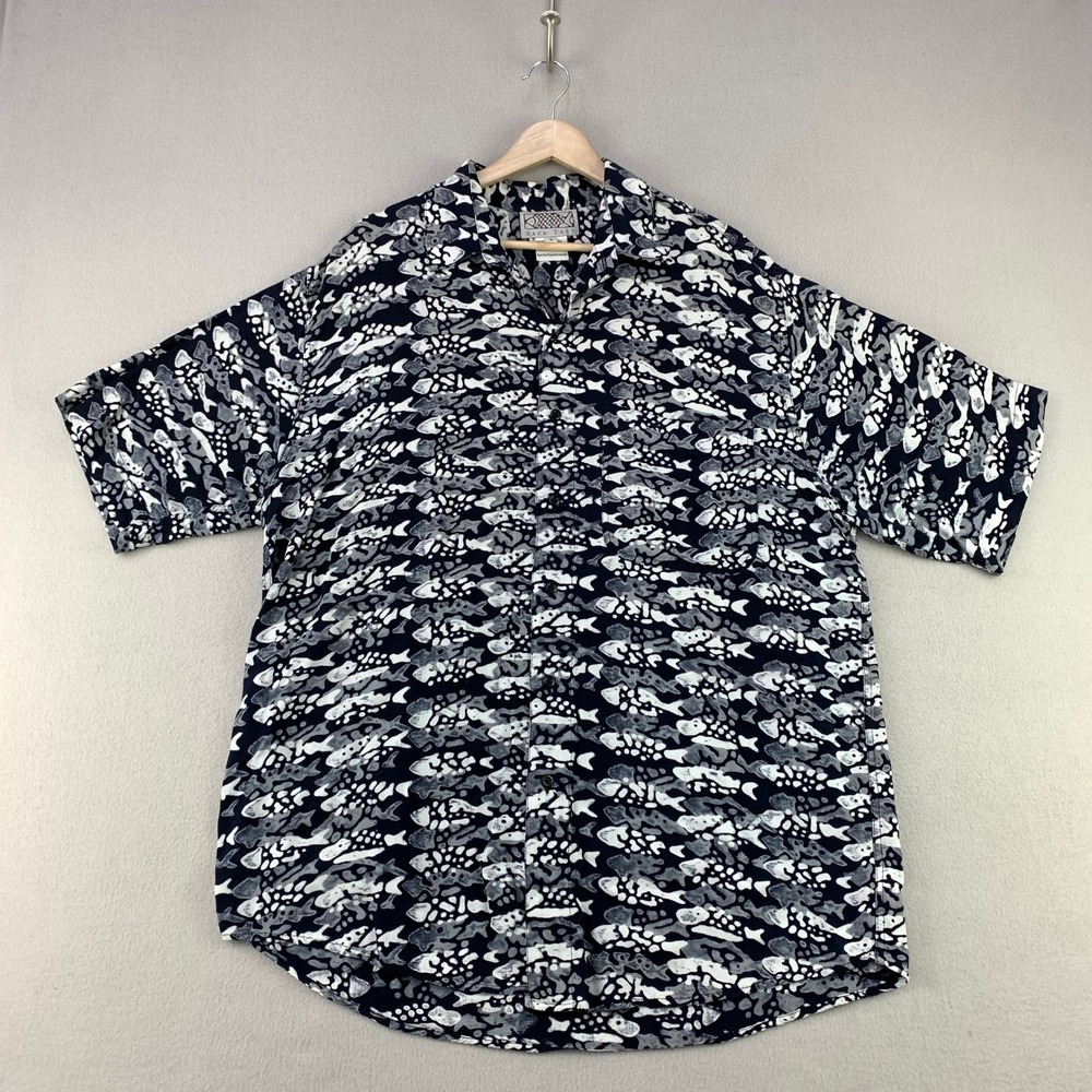 Vintage BACK EAST Camp Shirt Mens Large Black Fish Print Rayon Santa Barbara USA